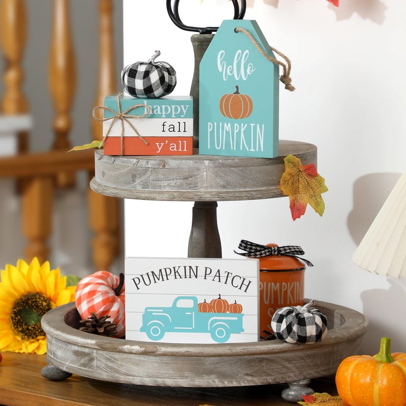 NEWLIGHTURE Fall Tiered Tray Decor Set  17Pcs Blue Fall Wood Signs Decor  Maple Leaves  Buffalo Plaid Pumpkins  Truck Book Stack Wooden Signs  Autumn Thanksgiving Farmhouse Table Decor Sign For Home Decor - Image 1