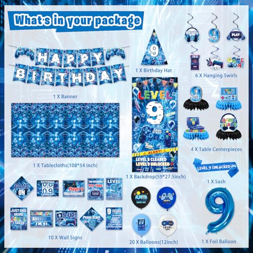 Mpanwen 9th birthday decorations for Boys Blue Video Game Level 9 Party Decor Supplies for 9th Boys Gamer Backdrop Balloons Banner Tablecloth Game Centerpieces Hanging Swirls Wall Signs Sash - Image 5