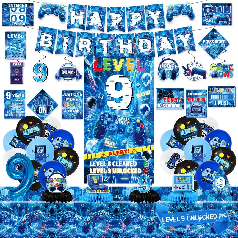 Mpanwen 9th birthday decorations for Boys Blue Video Game Level 9 Party Decor Supplies for 9th Boys Gamer Backdrop Balloons Banner Tablecloth Game Centerpieces Hanging Swirls Wall Signs Sash - Image 3