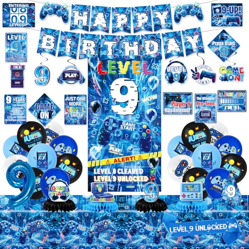 Mpanwen 9th birthday decorations for Boys Blue Video Game Level 9 Party Decor Supplies for 9th Boys Gamer Backdrop Balloons Banner Tablecloth Game Centerpieces Hanging Swirls Wall Signs Sash - Image 1