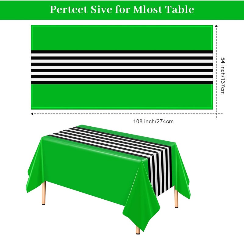 Oudain 6 Pcs Striped Tablecloth 108 x 54 Inch Rectangle Table Cover Disposable Plastic Table Cloth Waterproof Tablecloth Plastic Table Cover for Birthday Wedding Bridal (Black White Green) - Image 2