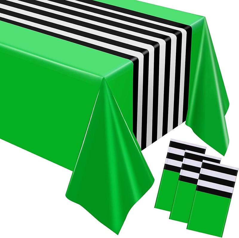 Oudain 6 Pcs Striped Tablecloth 108 x 54 Inch Rectangle Table Cover Disposable Plastic Table Cloth Waterproof Tablecloth Plastic Table Cover for Birthday Wedding Bridal (Black White Green) - Image 1