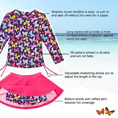 swimsobo Girls Bathing Suits Size 5 6 Hot Pink Cotton Butterfly Rash Guard Long Sleeve Swimsuit Two Pieces Swimming Skirt Swimwear with Shorts - Image 2