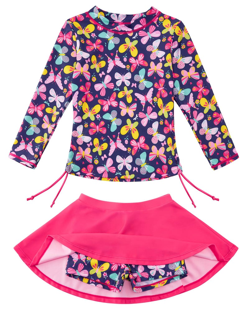 swimsobo Girls Bathing Suits Size 5 6 Hot Pink Cotton Butterfly Rash Guard Long Sleeve Swimsuit Two Pieces Swimming Skirt Swimwear with Shorts - Image 5