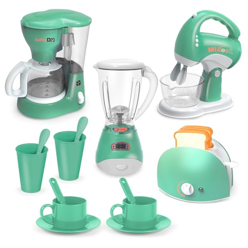 Yalujumb Play Kitchen Toys Pretend Play Kitchen Appliances Toy Set with Coffee Maker Mixer Toaster with Realistic Lights Sounds Birthday Gift for Kids Ages 35 46 68 Green - Image 1