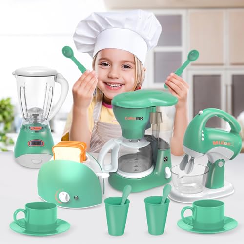 Yalujumb Play Kitchen Toys Pretend Play Kitchen Appliances Toy Set with Coffee Maker Mixer Toaster with Realistic Lights Sounds Birthday Gift for Kids Ages 35 46 68 Green - Image 5