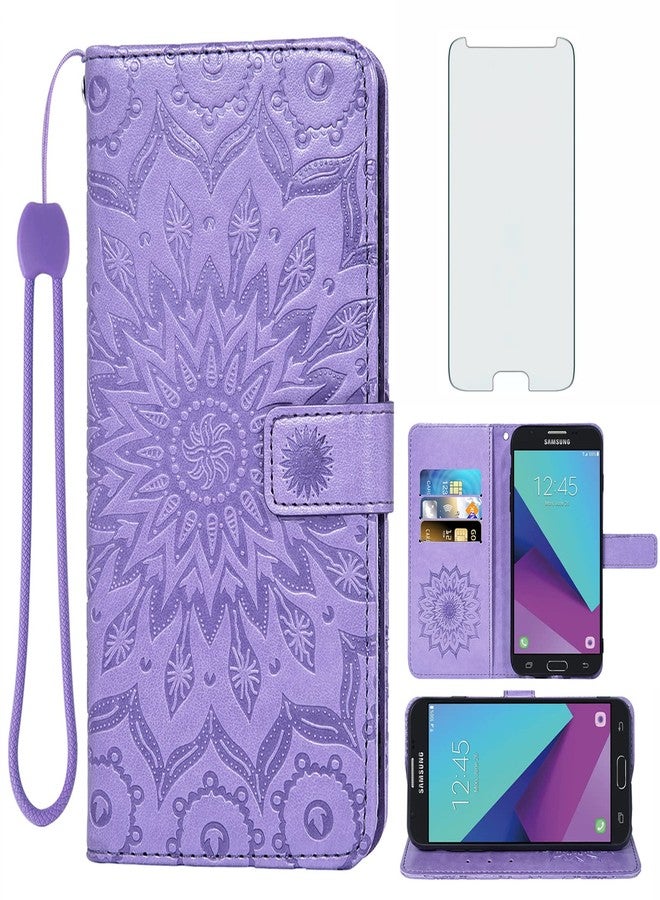 أسو ويش جراب هاتف سامسونج جالاكسي J3 لونا برو J3 برايم 2017، جراب محفظة Emerge 3J Eclipse Mission مع واقي شاشة من الزجاج المقوى، غطاء قلاب من الجلد، حامل بطاقات، هاتف Glaxay S327VL نسائي، لون بنفسجي - Image 1