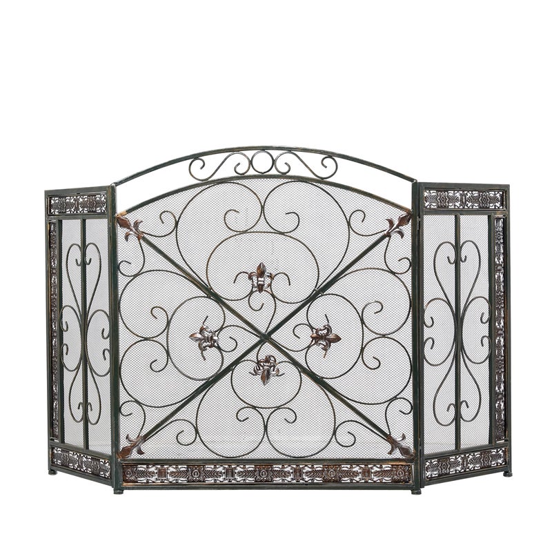 Deco 79 Deco 79 Metal Scroll Fireplace Screen Foldable Arched 3 Panel with Fleur De Lis Accents 52 x 1 x 31 Black 