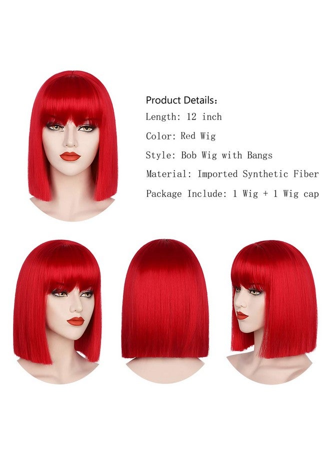 Juziviee Red Wigs For Women 12'' Short Red Bob Hair Wig With Bangs Natural Cute Soft Hair Wigs For Daily Party Halloween Ad016R - Image 4