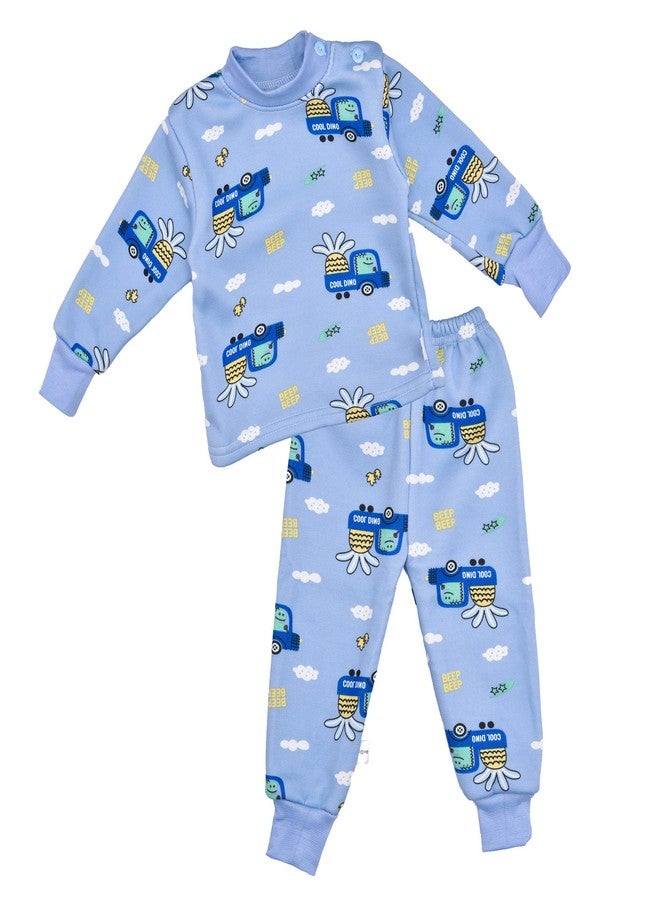 Mummamia طقم شتوي للأطفال الأولاد والبنات، سويت شيرت وبجامة مع بطانة مخملية سميكة (ديناصور سيارة - أزرق، 6-12 شهر)  - Image 1