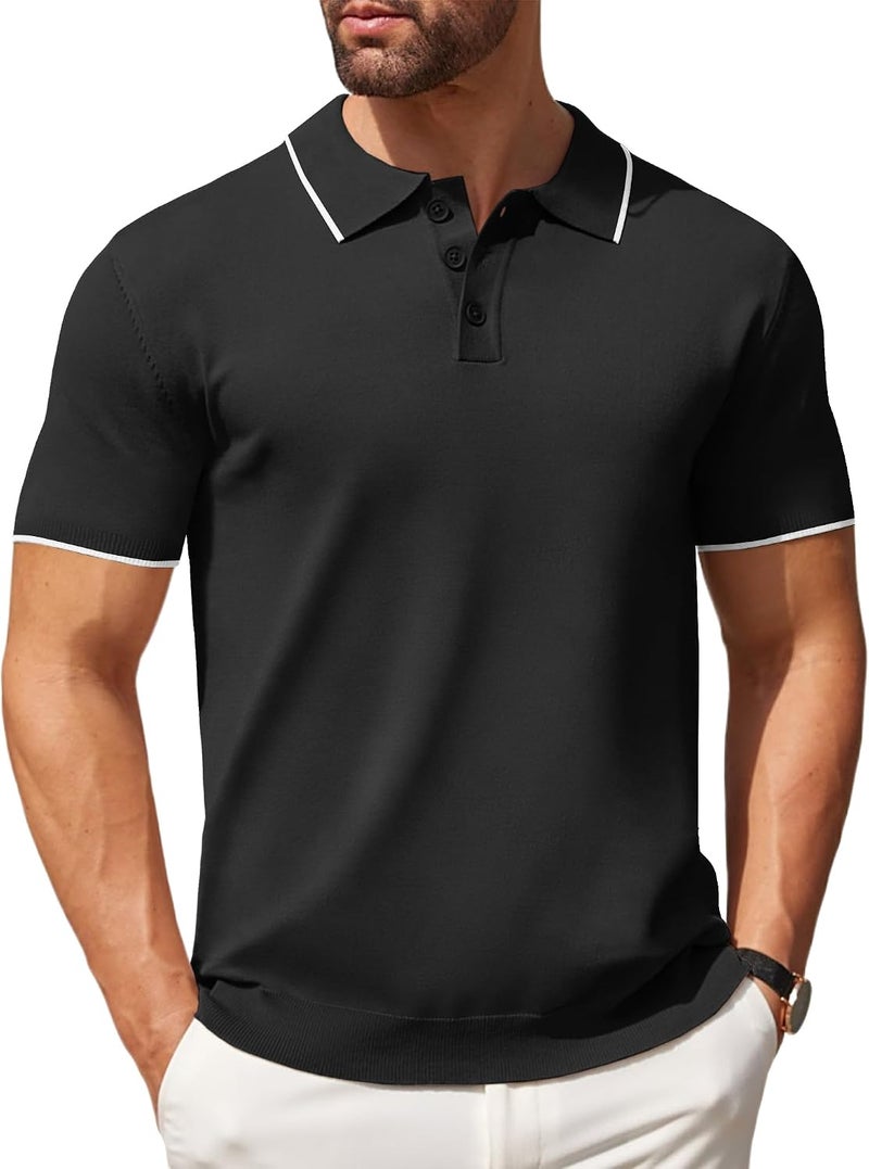 COOFANDY Men's Casual Short Sleeve Knit Polo Shirt - E-Black White Striped, 3XL - Image 1