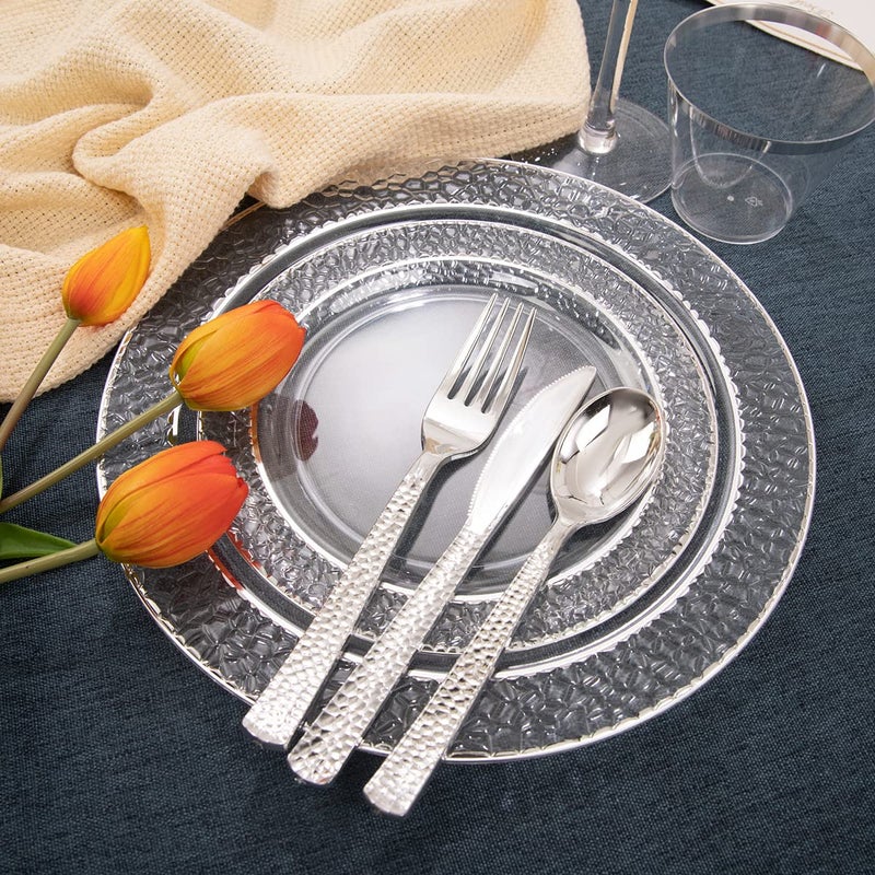 Ciaell 150PCS Clear Silver Plastic Plates - Silver Disposable Plates include 25Dinner Plates  25Dessert Plates  25Forks  25Knives  25Spoons  25Cups for Weddings & Parties & Valentine's Day - Image 2