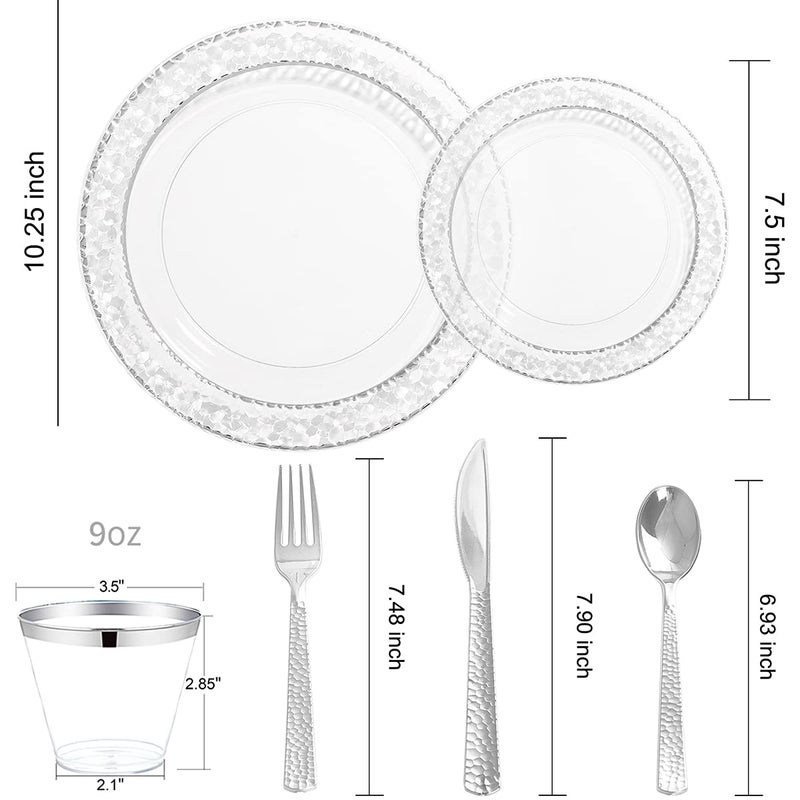 Ciaell 150PCS Clear Silver Plastic Plates - Silver Disposable Plates include 25Dinner Plates  25Dessert Plates  25Forks  25Knives  25Spoons  25Cups for Weddings & Parties & Valentine's Day - Image 3