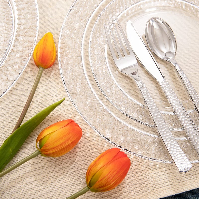 Ciaell 150PCS Clear Silver Plastic Plates - Silver Disposable Plates include 25Dinner Plates  25Dessert Plates  25Forks  25Knives  25Spoons  25Cups for Weddings & Parties & Valentine's Day - Image 4