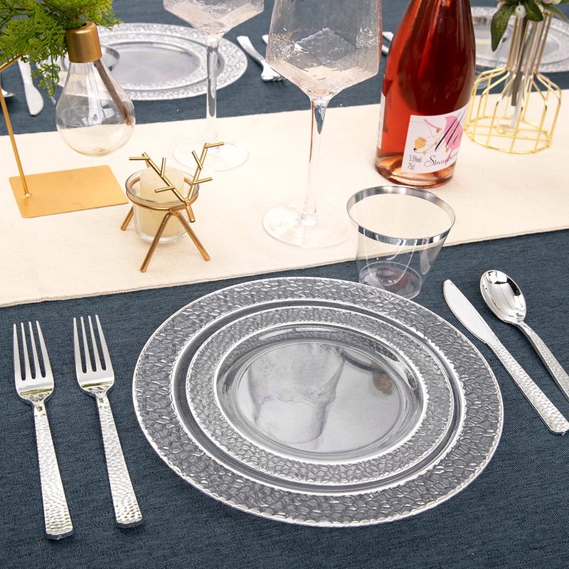 Ciaell 150PCS Clear Silver Plastic Plates - Silver Disposable Plates include 25Dinner Plates  25Dessert Plates  25Forks  25Knives  25Spoons  25Cups for Weddings & Parties & Valentine's Day - Image 5