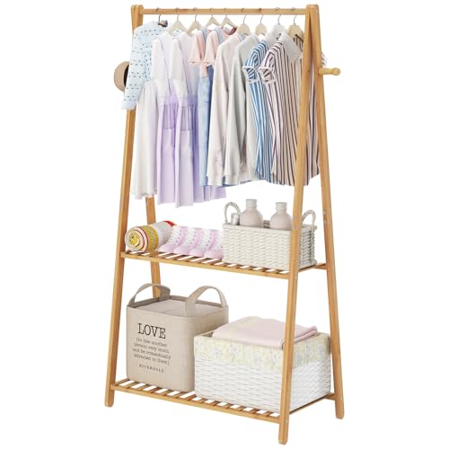COOGOU Kids Clothing Rack for Hanging Clothes,Small Toddler Clothes Racks Bamboo Wooden Garment Dress Up Storage Costume Rack with Shelves for Laundry Drying,Short,Mini,Floor Standing - Image 1
