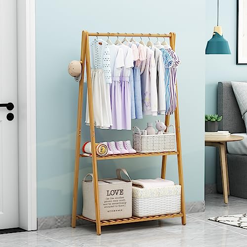 COOGOU Kids Clothing Rack for Hanging Clothes,Small Toddler Clothes Racks Bamboo Wooden Garment Dress Up Storage Costume Rack with Shelves for Laundry Drying,Short,Mini,Floor Standing - Image 3