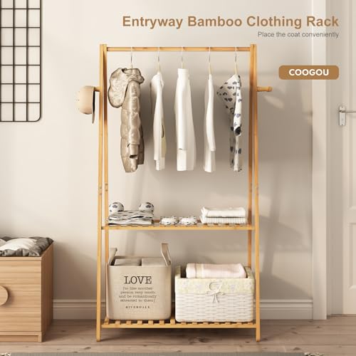 COOGOU Kids Clothing Rack for Hanging Clothes,Small Toddler Clothes Racks Bamboo Wooden Garment Dress Up Storage Costume Rack with Shelves for Laundry Drying,Short,Mini,Floor Standing - Image 5