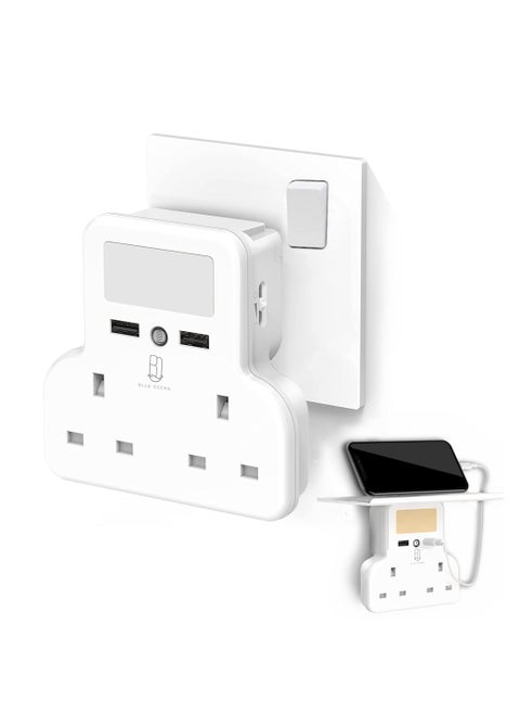 Double Plug Adaptor with 2 USB Charging Ports, Multi Socket Extensions Wall with Shelf and Adjustable Night Light for Home Office Kitchen White