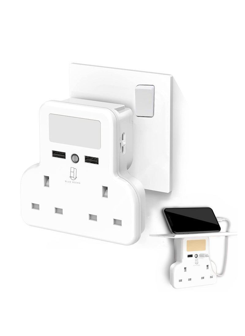 Double Plug Adaptor with 2 USB Charging Ports, Multi Socket Extensions Wall with Shelf and Adjustable Night Light for Home Office Kitchen White
