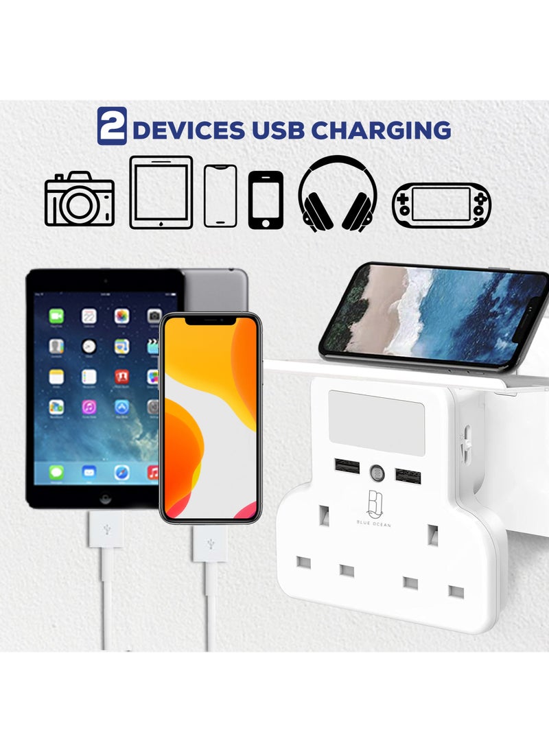 Double Plug Adaptor with 2 USB Charging Ports, Multi Socket Extensions Wall with Shelf and Adjustable Night Light for Home Office Kitchen White