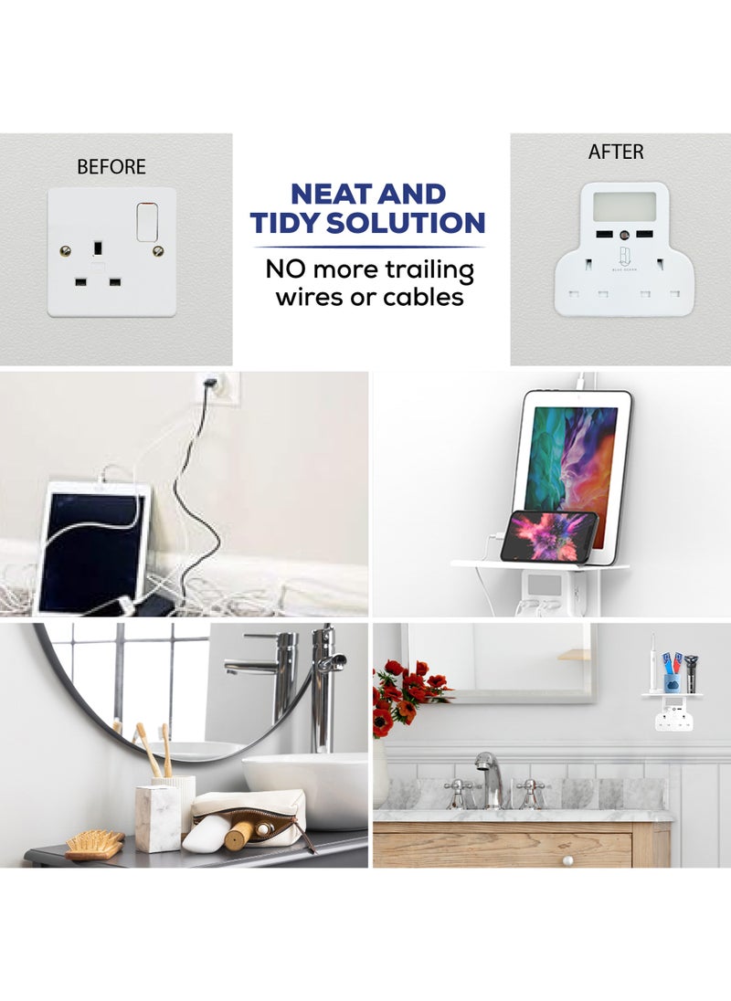 Double Plug Adaptor with 2 USB Charging Ports, Multi Socket Extensions Wall with Shelf and Adjustable Night Light for Home Office Kitchen White