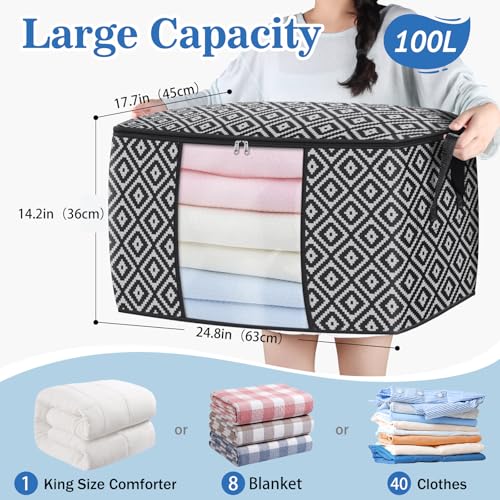 StorageTastic Direct 100L, 3 Pack, Storage Containers, Large Clothes Storage Bins Foldable Organization and Storage Bags with Reinforced Handle, Clear Window for Bedding, Blankets, Clothing, Black - Image 2