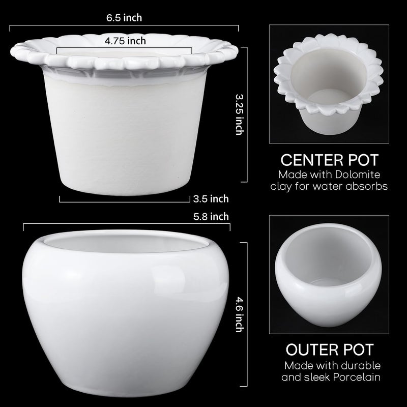 Lovely Ran 2Pcs 6.5 * 4.6 * 4 Inch White African Violet Flower Pot Ceramic Self Watering Flower Pot Simple Plant Self Watering Pot Indoor Flowers High Absorption Herbaceous Flower Pot - Image 2