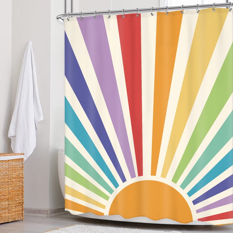 Newsely Newsely Boho Vintage Sun 70s Shower Curtain 60Wx72H Inch Retro Rainbow Cute Sunshine Sunrise Sunset Colorful Abstract Shower Curtain Set Aesthetic Waterproof Bath Decoration Accessories Home Decor - Image 2