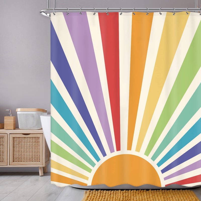 Newsely Newsely Boho Vintage Sun 70s Shower Curtain 60Wx72H Inch Retro Rainbow Cute Sunshine Sunrise Sunset Colorful Abstract Shower Curtain Set Aesthetic Waterproof Bath Decoration Accessories Home Decor - Image 1