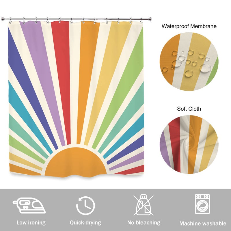 Newsely Newsely Boho Vintage Sun 70s Shower Curtain 60Wx72H Inch Retro Rainbow Cute Sunshine Sunrise Sunset Colorful Abstract Shower Curtain Set Aesthetic Waterproof Bath Decoration Accessories Home Decor - Image 4