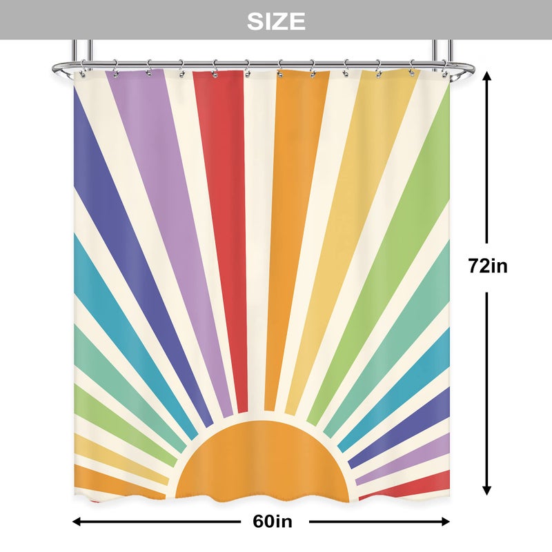 Newsely Newsely Boho Vintage Sun 70s Shower Curtain 60Wx72H Inch Retro Rainbow Cute Sunshine Sunrise Sunset Colorful Abstract Shower Curtain Set Aesthetic Waterproof Bath Decoration Accessories Home Decor - Image 3