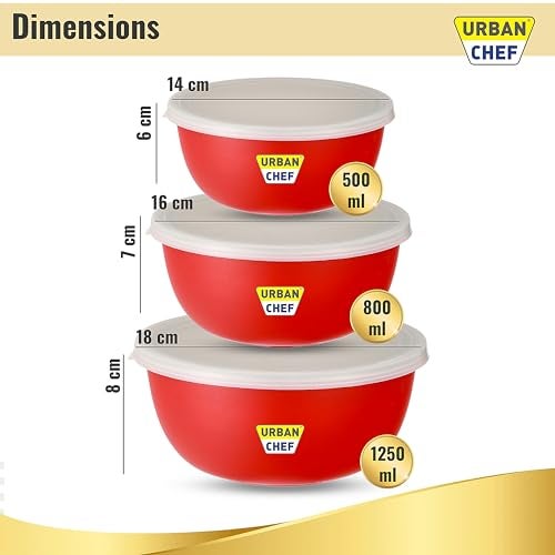 URBAN CHEF Mixing Bowl Set of 3 Stainless Steel (500ml, 800ml,1250ml) | Microwave Safe & Dishwasher Safe | Bowl Set with Lid for Gift | Bowls for Snacks | Serving Bowls Kitchen Accessories -Red - Image 2