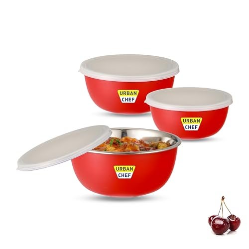 URBAN CHEF Mixing Bowl Set of 3 Stainless Steel (500ml, 800ml,1250ml) | Microwave Safe & Dishwasher Safe | Bowl Set with Lid for Gift | Bowls for Snacks | Serving Bowls Kitchen Accessories -Red - Image 1