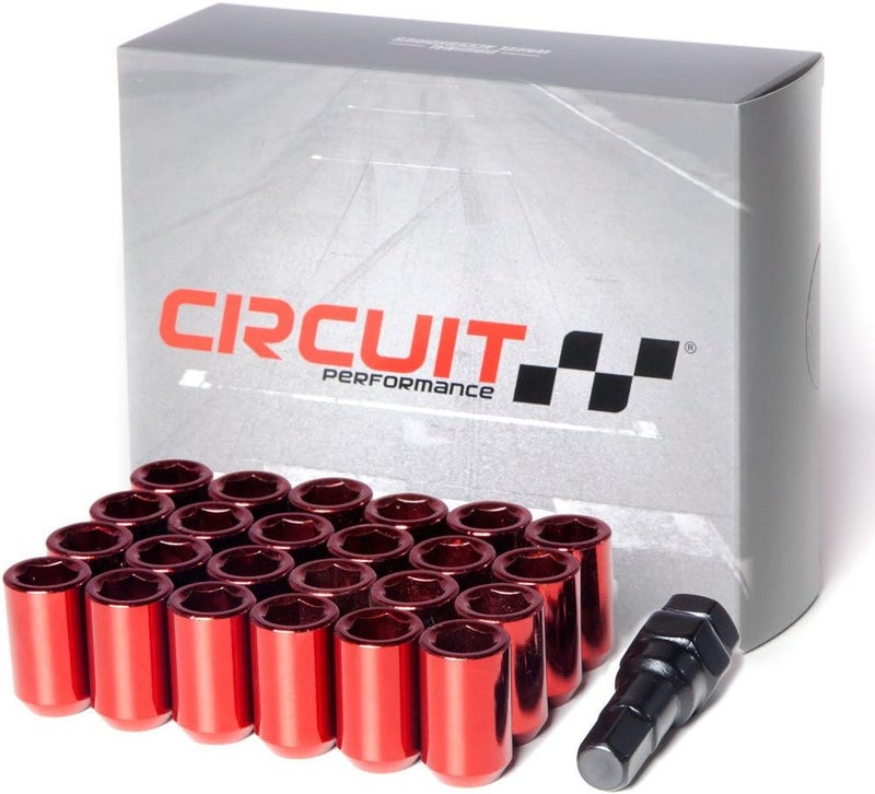 Circuit Performance صمامات العجلات الحمراء من Circuit Performance Tuner Key Acorn 12x1.25 فولاذ مطروق (24 قطعة + أداة) - Image 1