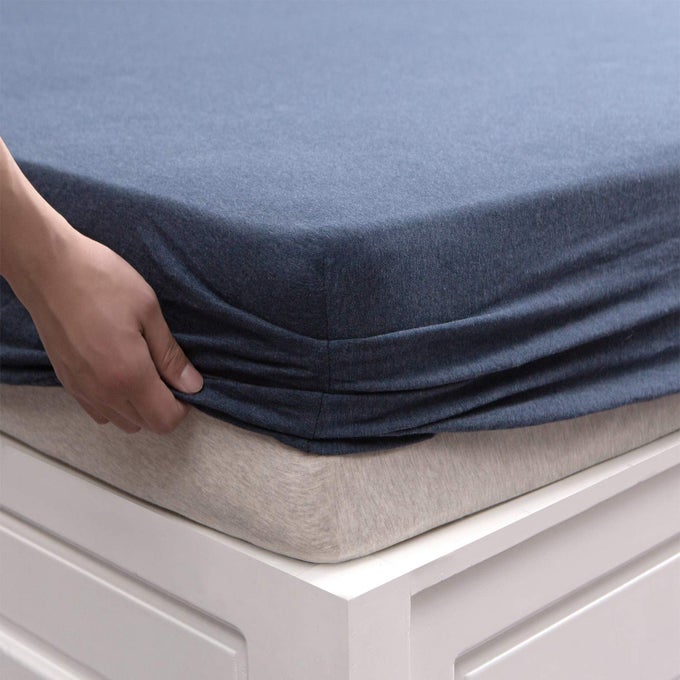 JERSEY KNIT COTTON FITTED BOTTOM SHEET ONLY NO FLAT SHEET OR SHAMS DEEP POCKET UP TO 15 TO 20 ULTRA SOFT COMFY BREATHABLE HEATHERED NAVY BLUE QUEEN