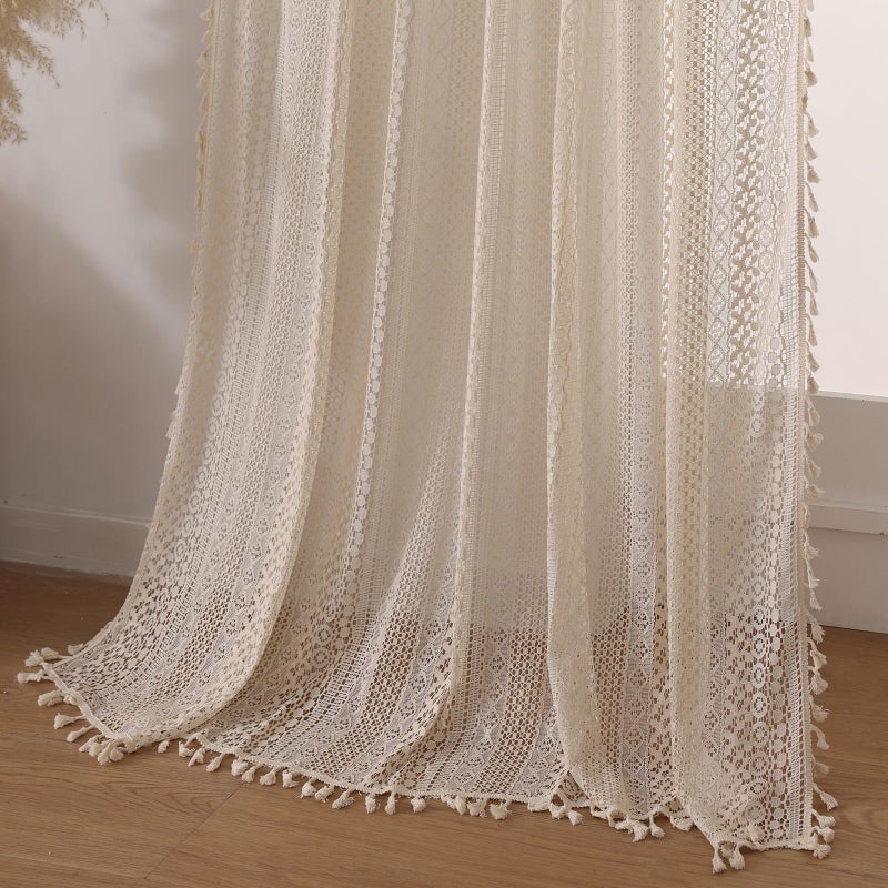 WAZZIO Boho Lace Curtains 72 Inches 2 Panel,Light Filtering Privacy Tassel & Geometry Crochet Semi Sheer Curtain Drapes for Bedroom Living Dining Room,Rod Pocket & Tassel,Vintage French Country,Beige - Image 2