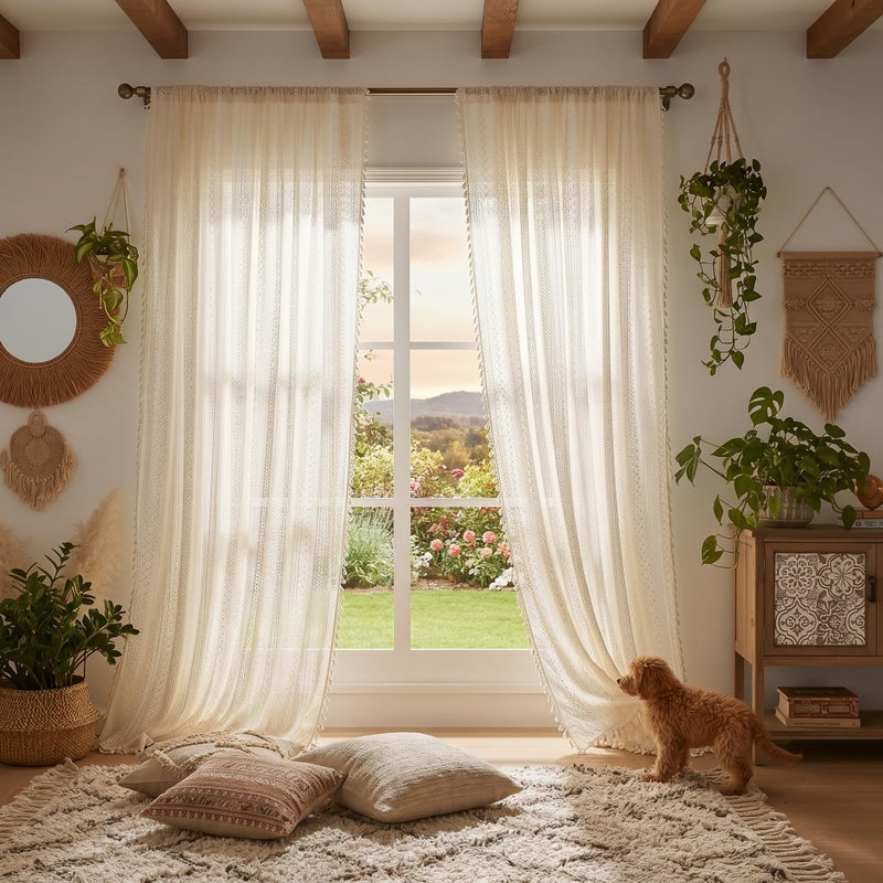 WAZZIO Boho Lace Curtains 72 Inches 2 Panel,Light Filtering Privacy Tassel & Geometry Crochet Semi Sheer Curtain Drapes for Bedroom Living Dining Room,Rod Pocket & Tassel,Vintage French Country,Beige - Image 5