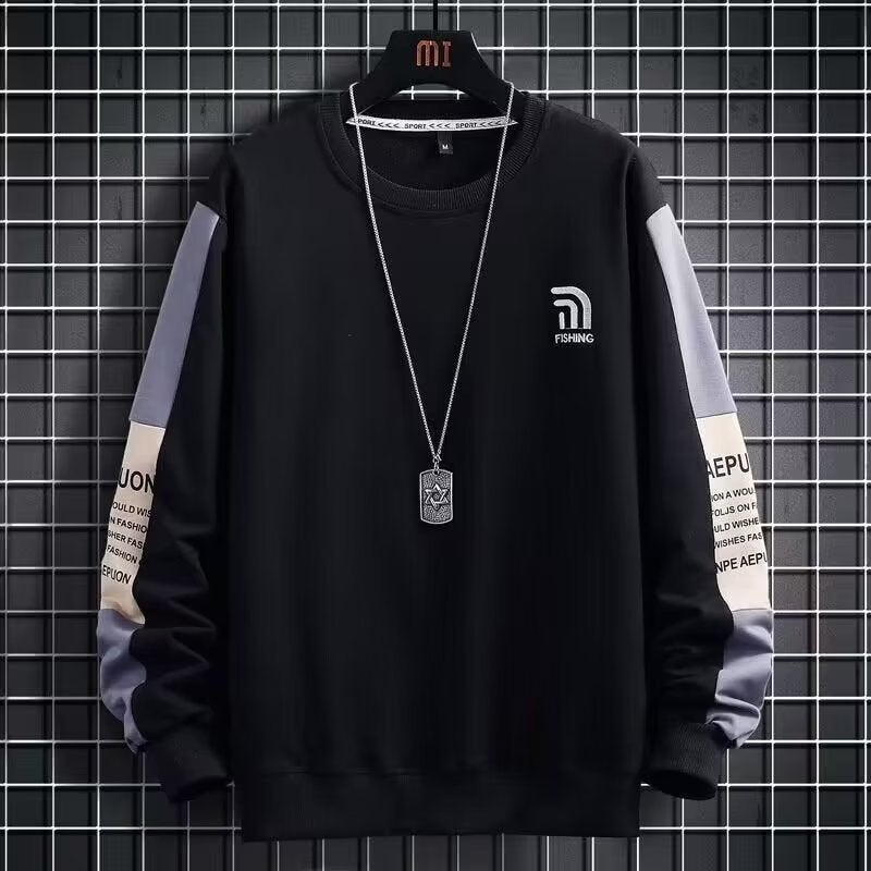 Mens Long Sleeve Round Neck Sweatshirt Autumn New Thin-Black