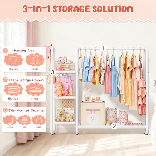 ZHKINGGS Kids Dress Up Storage with 4 Storage Shelf, More Storage Space Kids Clothing Rack for Costume Organizer Playroom Kids Girls Bedroom Nursery Organizer (White) - Image 2
