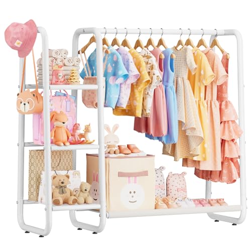 ZHKINGGS Kids Dress Up Storage with 4 Storage Shelf, More Storage Space Kids Clothing Rack for Costume Organizer Playroom Kids Girls Bedroom Nursery Organizer (White) - Image 1