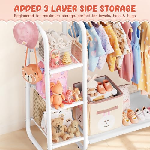 ZHKINGGS Kids Dress Up Storage with 4 Storage Shelf, More Storage Space Kids Clothing Rack for Costume Organizer Playroom Kids Girls Bedroom Nursery Organizer (White) - Image 3