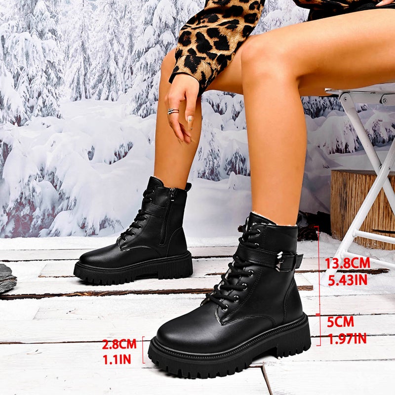Large Size Fashionable British Style Velvet Warm Boots New Round Short Tube Thick Heel Solid Color Motorcycle Shoes Cotton Boots - Image 3