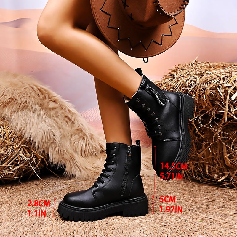 Large Size Fashionable British Style Velvet Warm Boots New Round Short Tube Thick Heel Solid Color Motorcycle Shoes Cotton Boots - Image 1