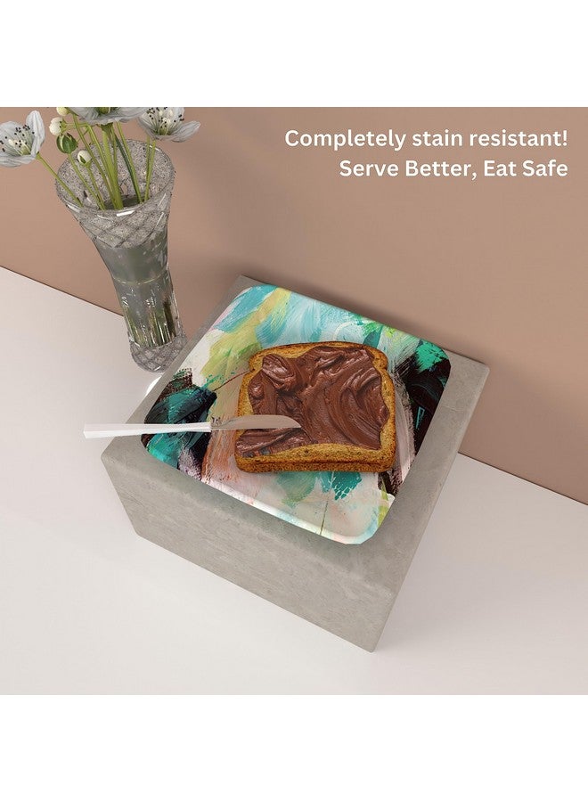 Castleite Bliss Melamine Quarter Plates Set Of 6 - Size 7', Non Breakable, Square Designer Plate For Serving Snacks, Breakfast, Lunch Or Dinner At Home, Or Cafe, Stainless (Tropicana Cabana) - White - Image 3