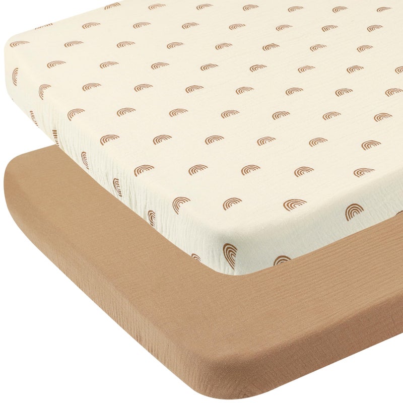 Onacosht Muslin Bassinet Sheets 33" x 19" Compatible with Mika Micky, KoolaBaby (3 in 1), BabyBond, HARPPA and RICUTON Bedside Bassinet, 2 Pack for Baby Boy and Girl, Natural and Rainbow - Image 1