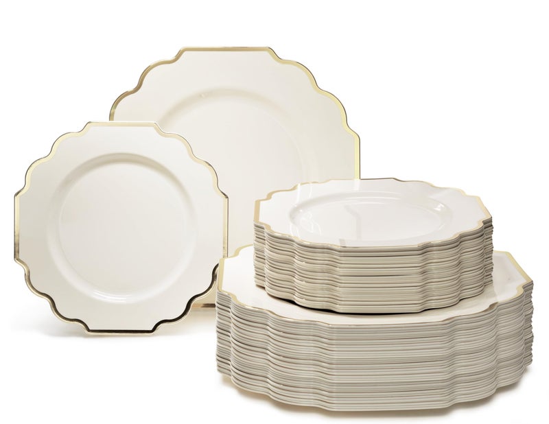 OCCASIONS  120 Plates Pack60 Guests Heavyweight Wedding Party Disposable Plastic Plates Set 60 x 105 Dinner  60 x 8 SaladDessert Plate Imperial Ivory  Gold