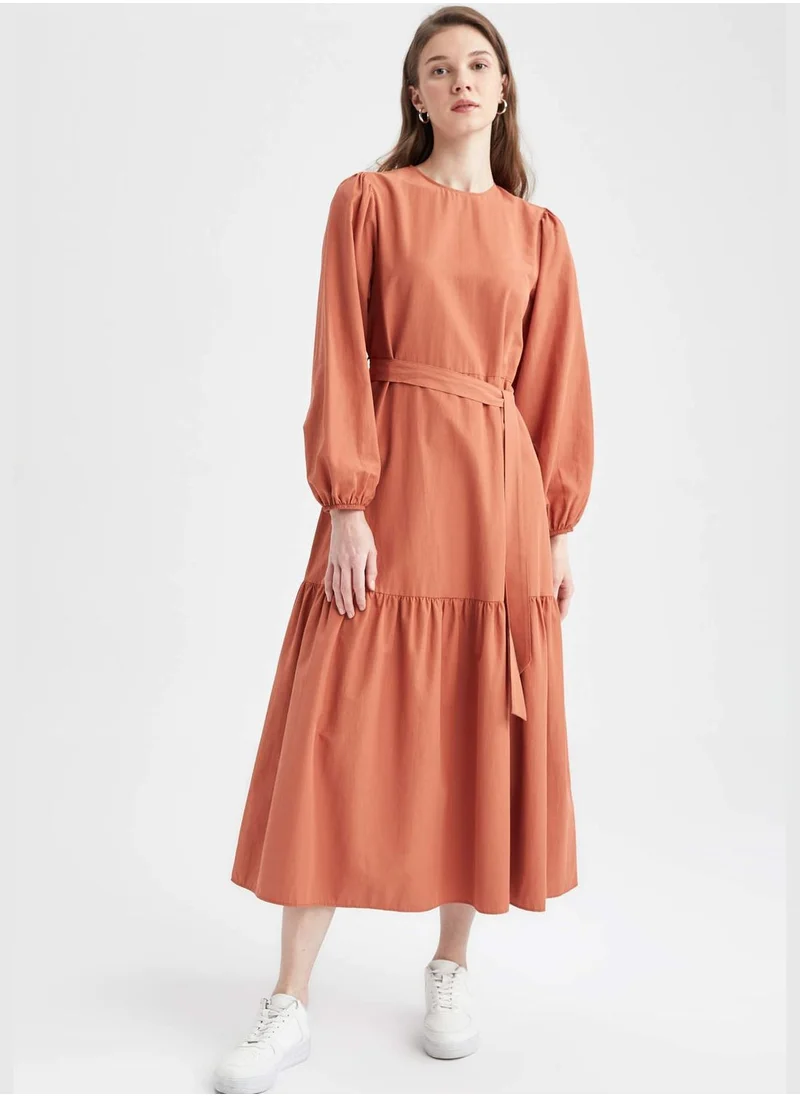 DeFacto Regular Fit Long Sleeve Belted Maxi Dress