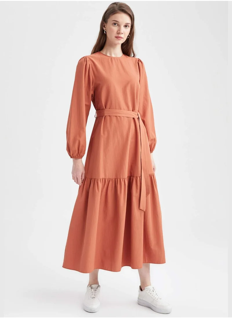 DeFacto Regular Fit Long Sleeve Belted Maxi Dress