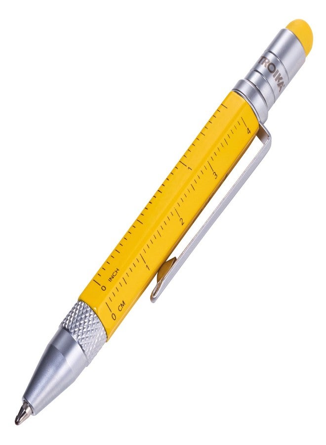 Troika Multitasking Ballpoint Pen (Small), Centimeter/Inch Ruler, Slotted/Phillips Screwdriver, Stylus (Yellow), Black Refill, Includes 2 Refills, Aluminium/Brass/Steel, Matte, Yellow - Image 1